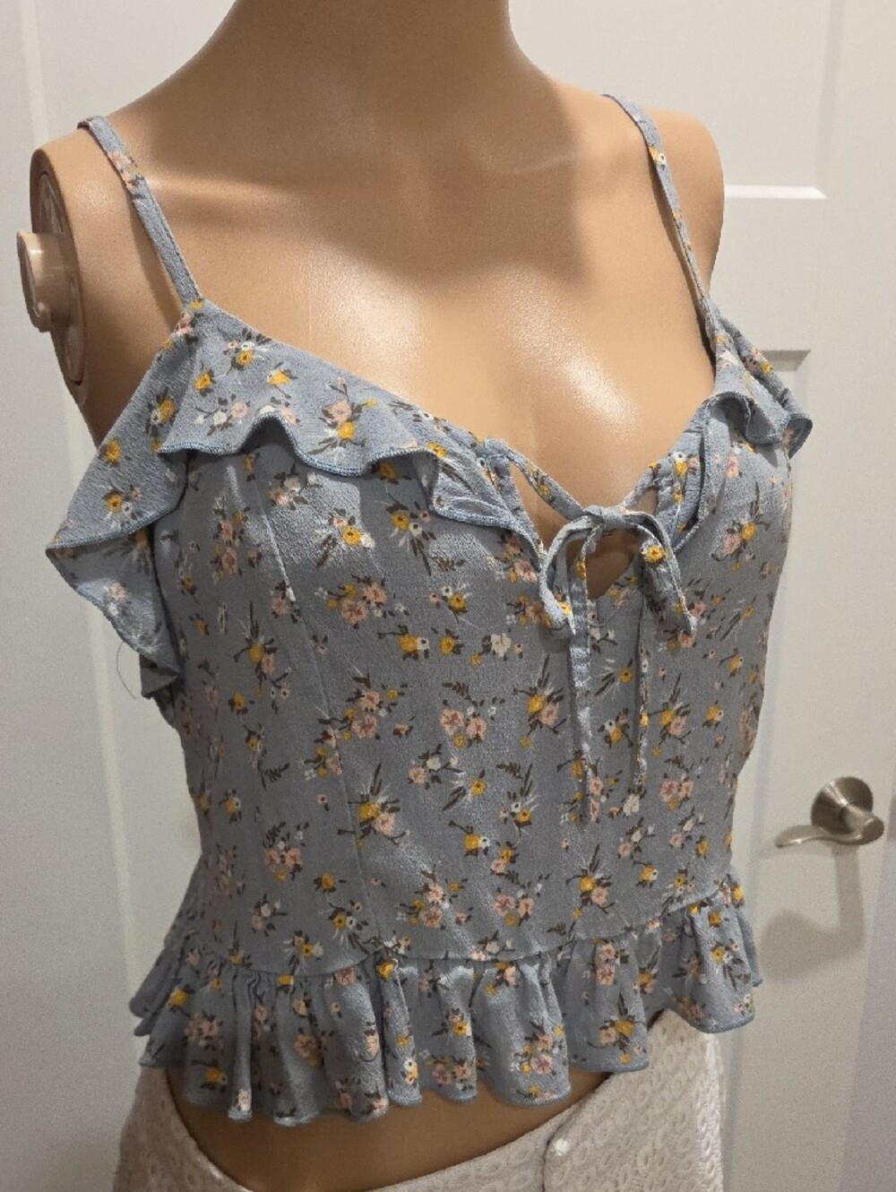 Garage Blue Floral Ruffle Tie-Front Cami